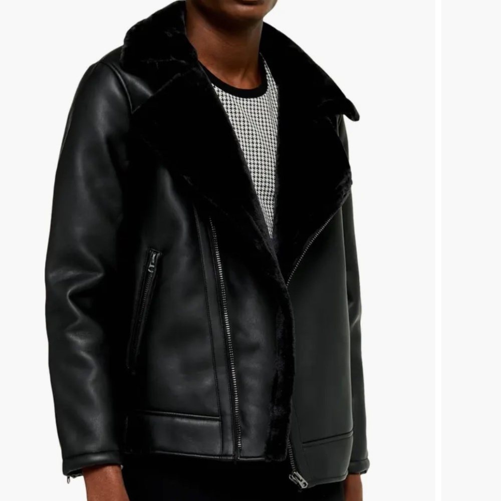 Faux Shearling Trim Faux Leather Biker Jacket